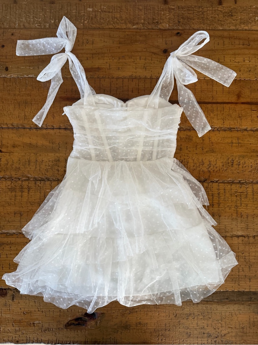 Semi & Cade White Tiered Dot Mesh Mini Dress with Tie Straps - Picture 4 of 6